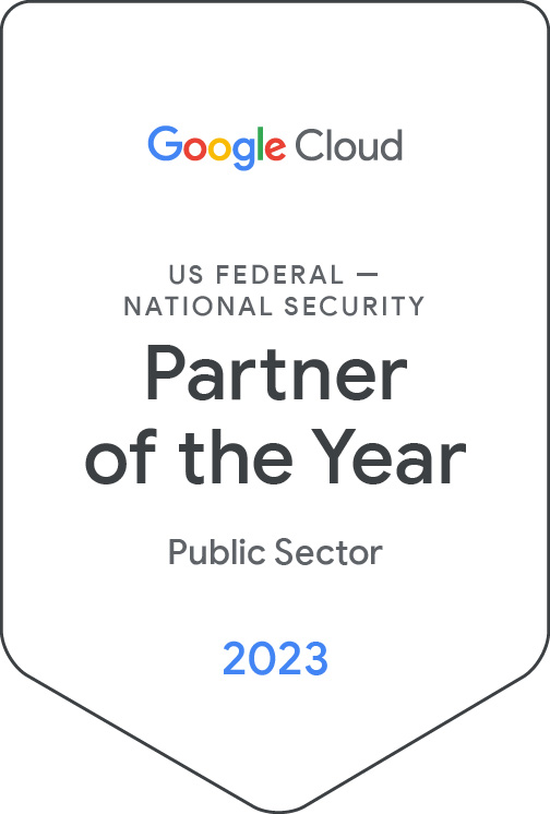 A graphic badge displaying Google Cloud Partner of the Year - U.S. Federal - National Security 2023