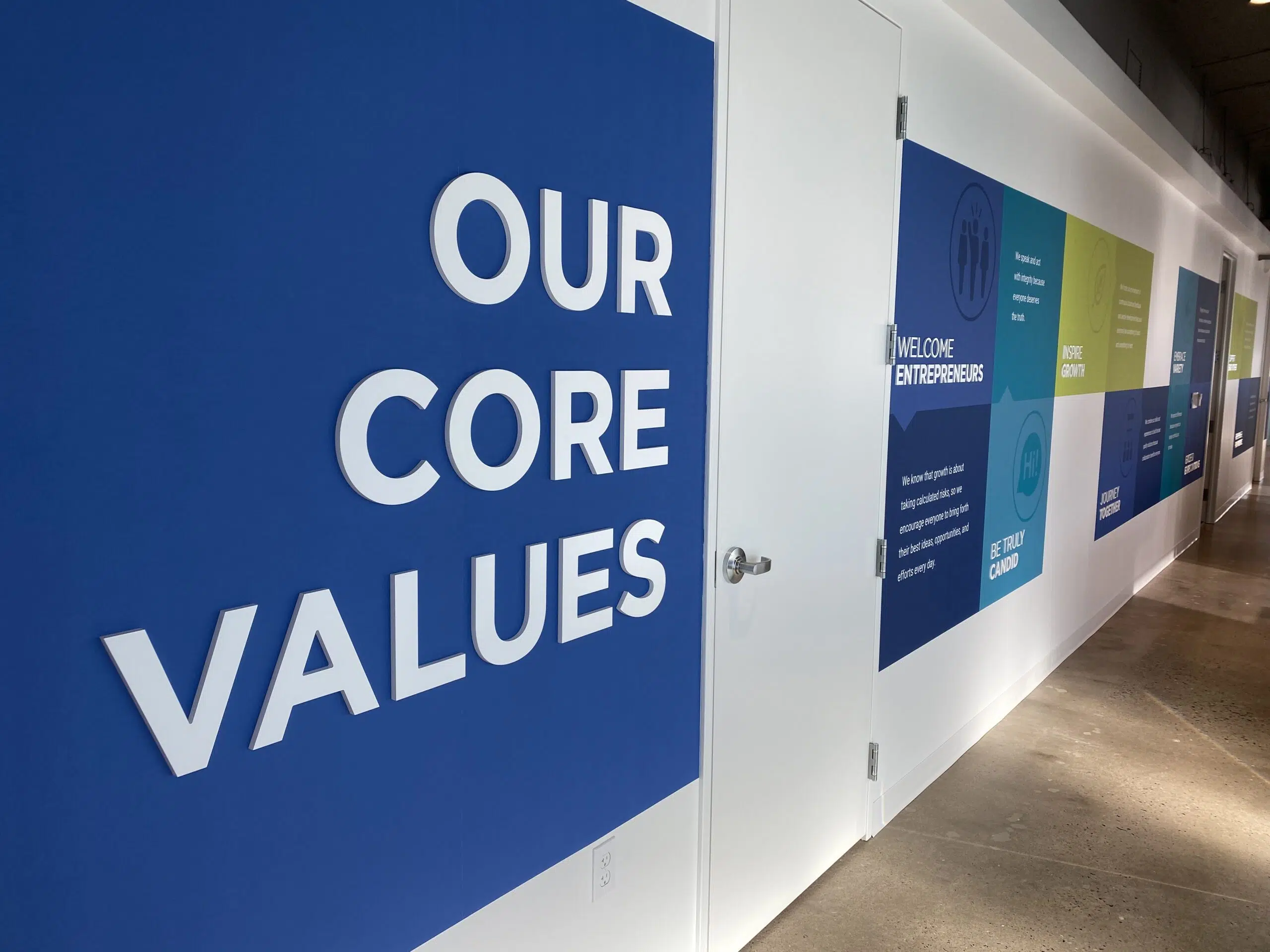Photo of the core values wall at NT Concepts Headquarters