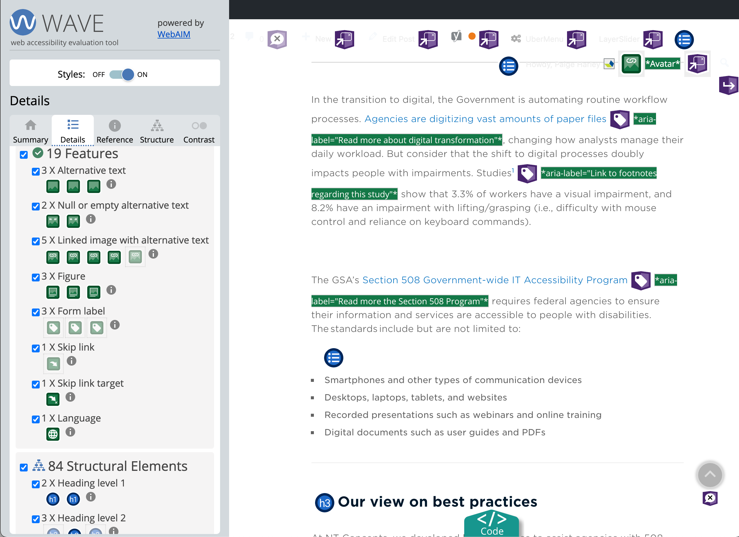 Screenshot of a webpage that has been audited by the WAVE plugin