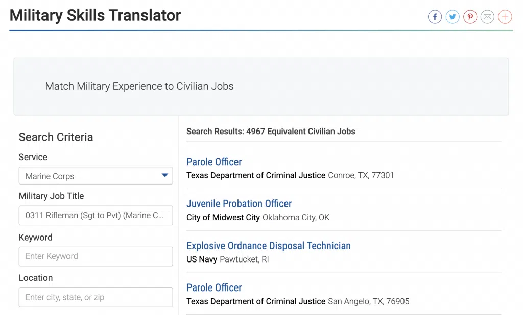 Screenshot of a Military Skills Translator
