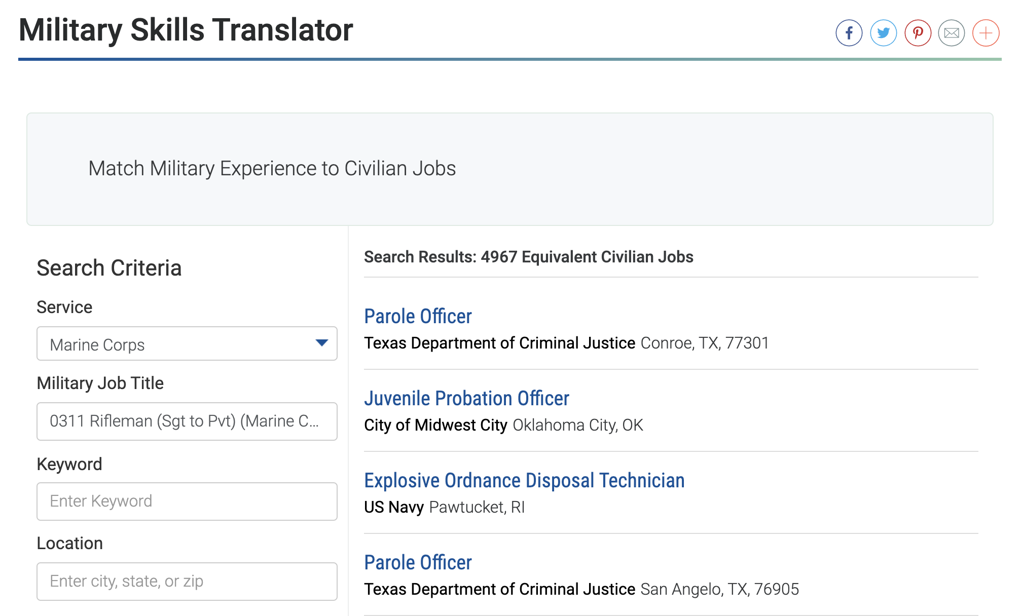Screenshot of an online military skills translator